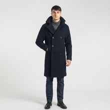 Load image into Gallery viewer, Men’s Dark Blue Fleece Peacoat – Classic Double Breasted Winter Coat
