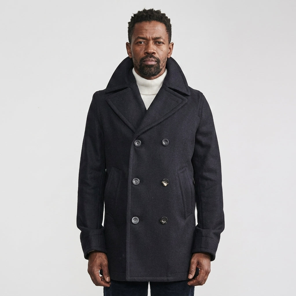 Men’s Dark Navy Fleece Peacoat – Classic Double Breasted Winter Coat
