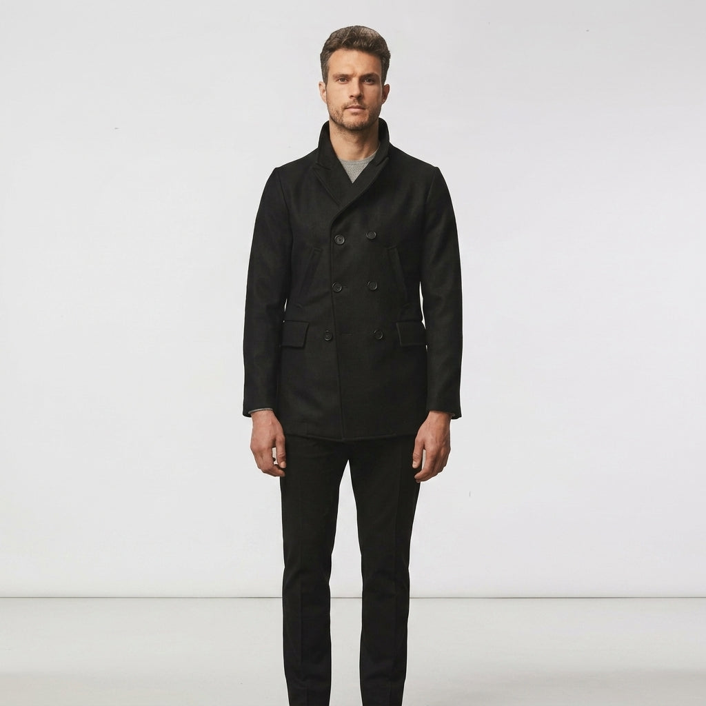 Men’s Black Navy Fleece Peacoat – Classic Double Breasted Winter Coat