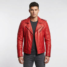 Laden Sie das Bild in den Galerie-Viewer, Men’s Red Lambskin Brando Biker Jacket – Slim Fit Moto Leather Coat
