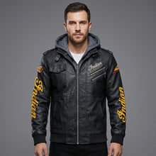 Load image into Gallery viewer, Men’s Leather Biker Jacket – Embroidered Star &amp; Heritage Script Moto Style
