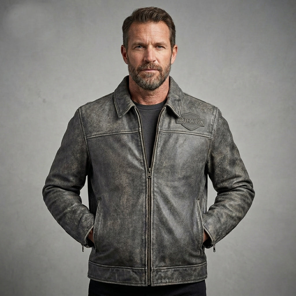 Herren Motorradjacke aus schwarzem Leder im Harley-Stil – Edition mit orange-weißen Rennstreifen