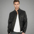 Men’s Black Leather Bomber Jacket – Simple Slim Fit Classic Casual Coat