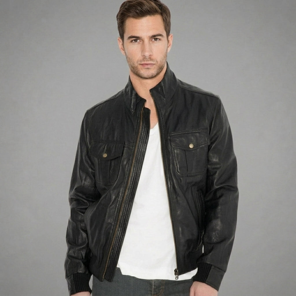 Men’s Black Leather Bomber Jacket – Simple Slim Fit Classic Casual Coat