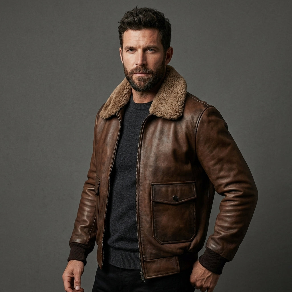 Men’s Chocolate Brown G-1 Leather Bomber Jacket – Classic Flight Aviator Coat