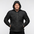 Men’s Matte Black Leather Biker Jacket – Removable Hood Moto Coat