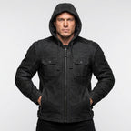 Men’s Matte Black Leather Biker Jacket – Removable Hood Moto Coat