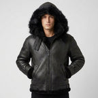 Men’s All Black B-3 Hooded Sheepskin Bomber Jacket – Detachable Shearling Hood