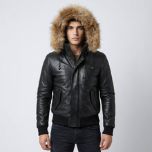 Load image into Gallery viewer, Men’s Black Leather Bomber Jacket – Removable Fur Hood Winter Coat
