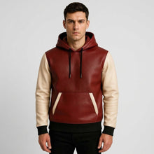 Load image into Gallery viewer, This burgundy and white leather hoodie is available from retailers like Etsy and Jackets Kingdom, often labeled as a handmade sheepskin or lambskin two-tone jacket.
