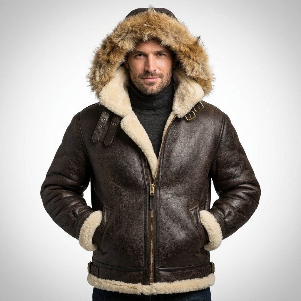 Men’s B-3 Hooded Buffalo Bomber Leather Jacket – Premium Shearling Flight Coat
