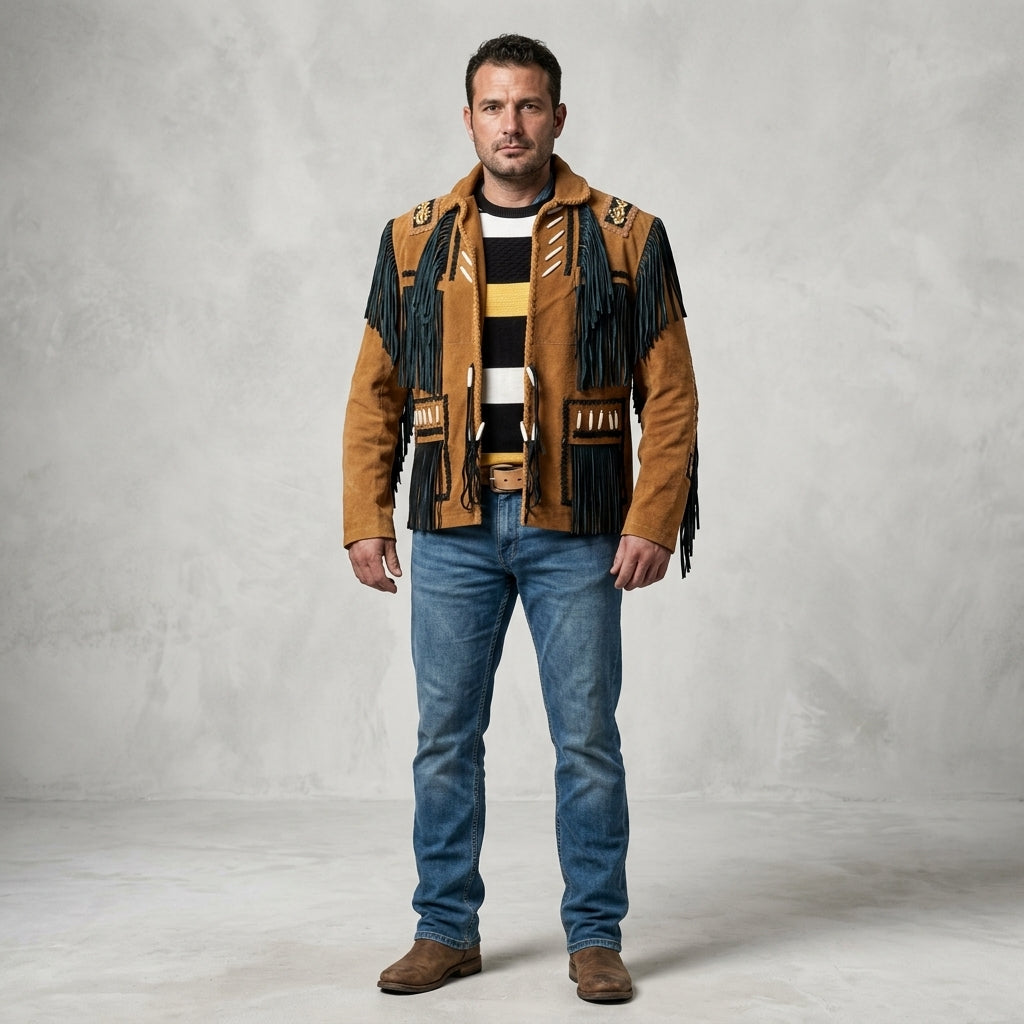 Men’s Cowboy Western Fringed Brown Leather Jacket