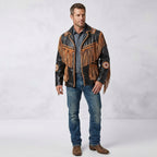 Men’s Cowboy Cowhide Leather Fringe Jacket with Beaded Western Detail