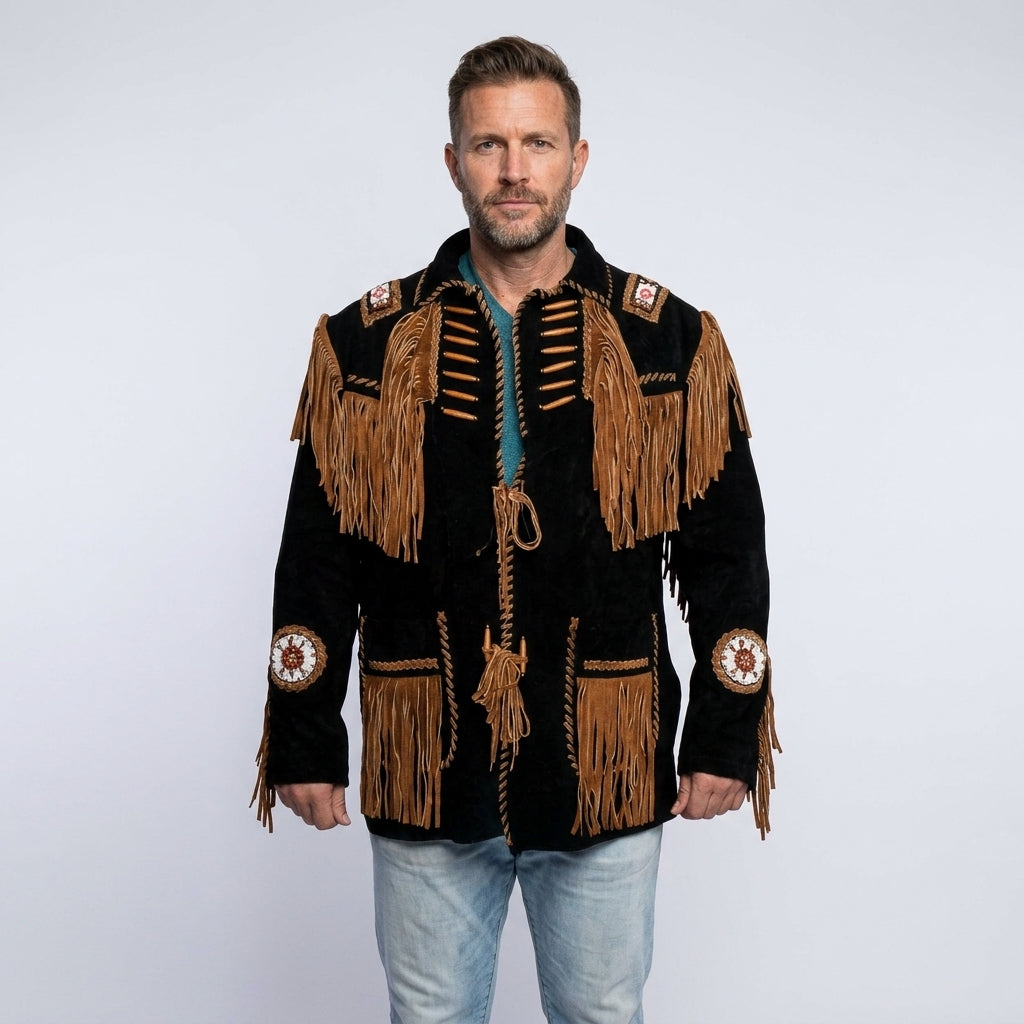 Authentic Western Leather Fringe & Beaded Jacket for Men