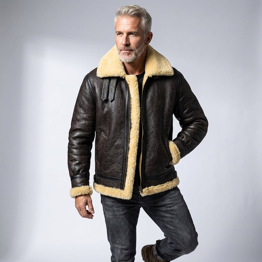 Men’s Dark Brown B3 Military Shearling Bomber Jacket – Premium Aviator Flight Coat
