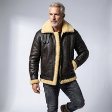 Load image into Gallery viewer, Men’s Dark Brown B3 Military Shearling Bomber Jacket – Premium Aviator Flight Coat
