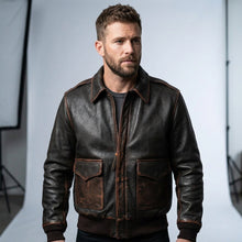 Load image into Gallery viewer, Men’s Brown A2 Aviator Military Pilot Leather Bomber Jacket – Classic Flight Coat
