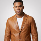 Men’s Tan Lambskin Leather Blazer – Classic Two-Button Tailored Sport Coat