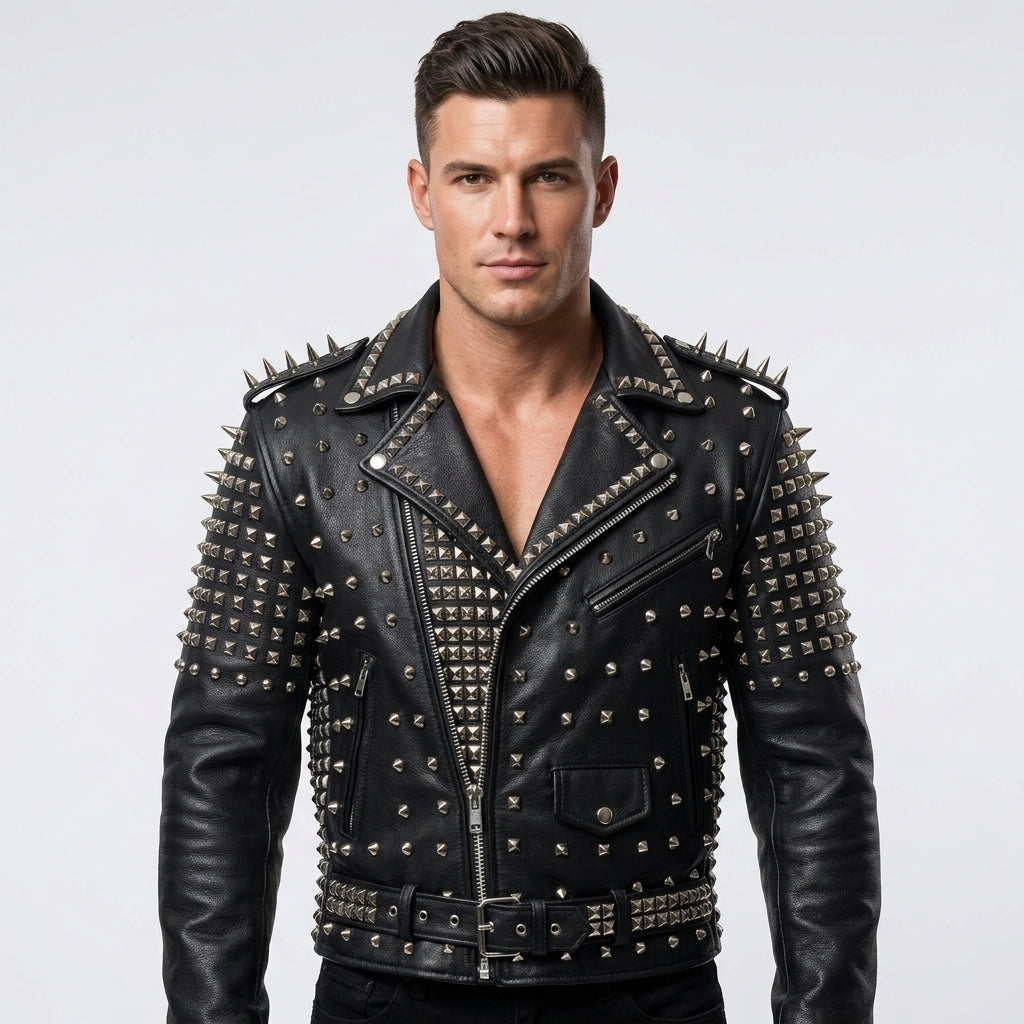 Men's Heavy Silver Studded Black Leather Biker Jacket