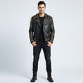 Men's Gold Studded Leather Biker Jacket In Black