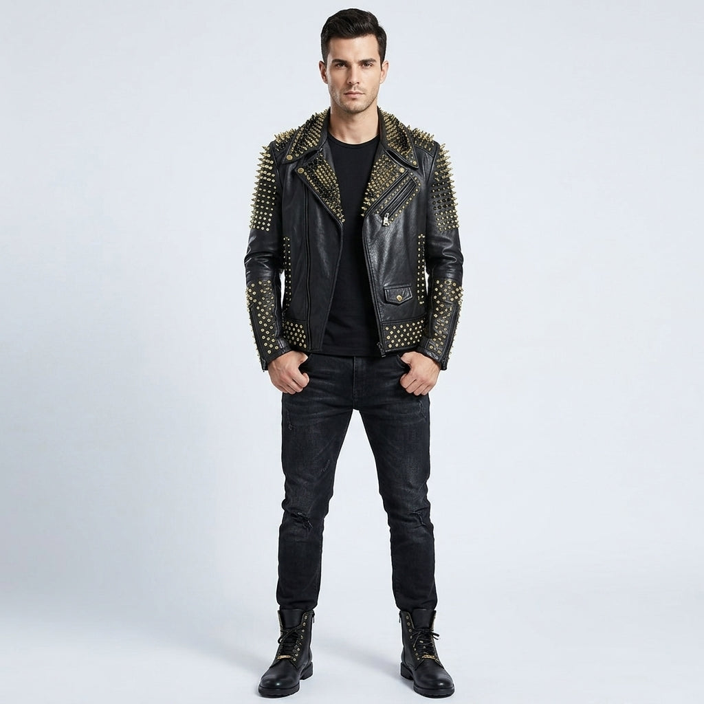 Men's Gold Studded Leather Biker Jacket In Black