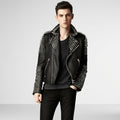 Men's Studded Biker Leather Jacket In Black