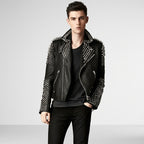 Men's Studded Biker Leather Jacket In Black