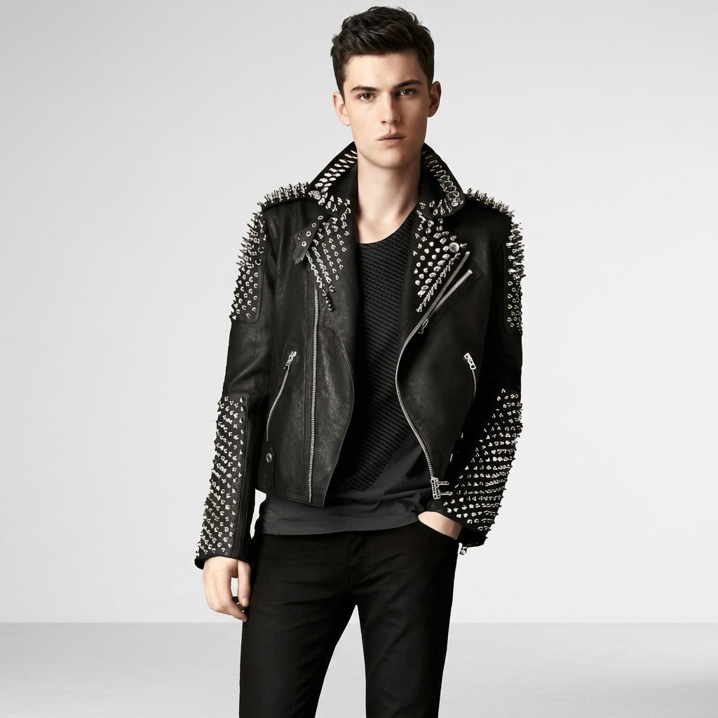 Men's Studded Biker Leather Jacket In Black