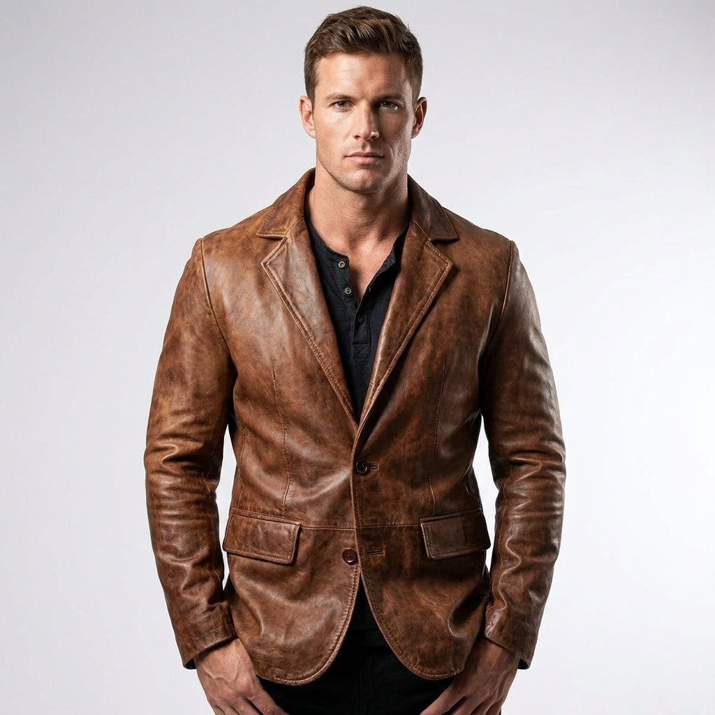 Men’s Distressed Brown Leather Blazer – Classic Two-Button Tailored Jacket