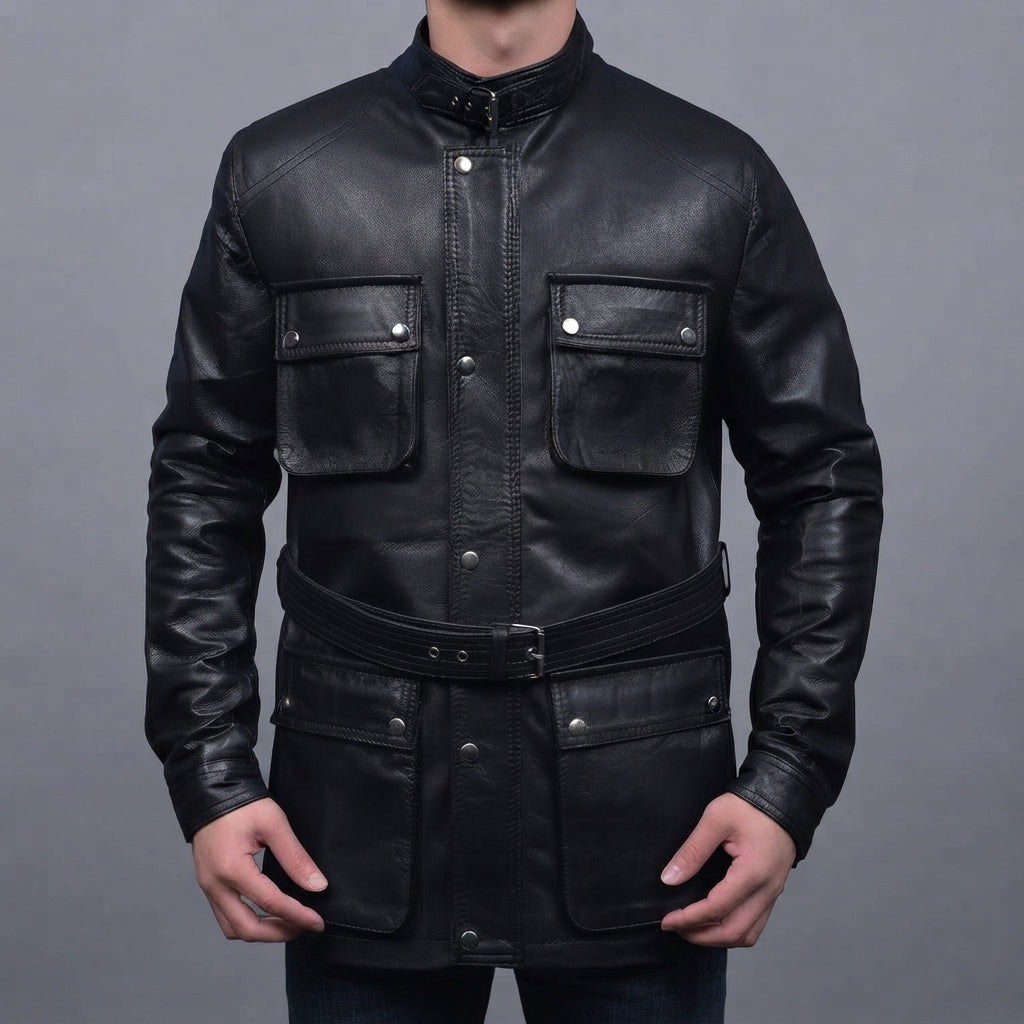Men's Black Leather Jacket with Front Pockets