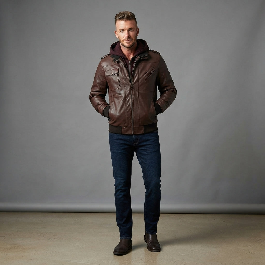 Men's Brown Leather Hooded Jacket