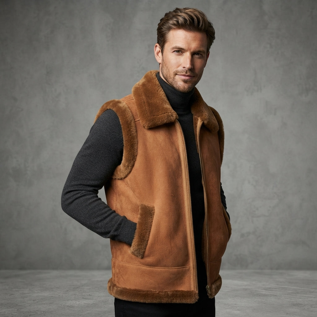 Men's Tan Brown Shearling Leather Vest - Leather Outlet