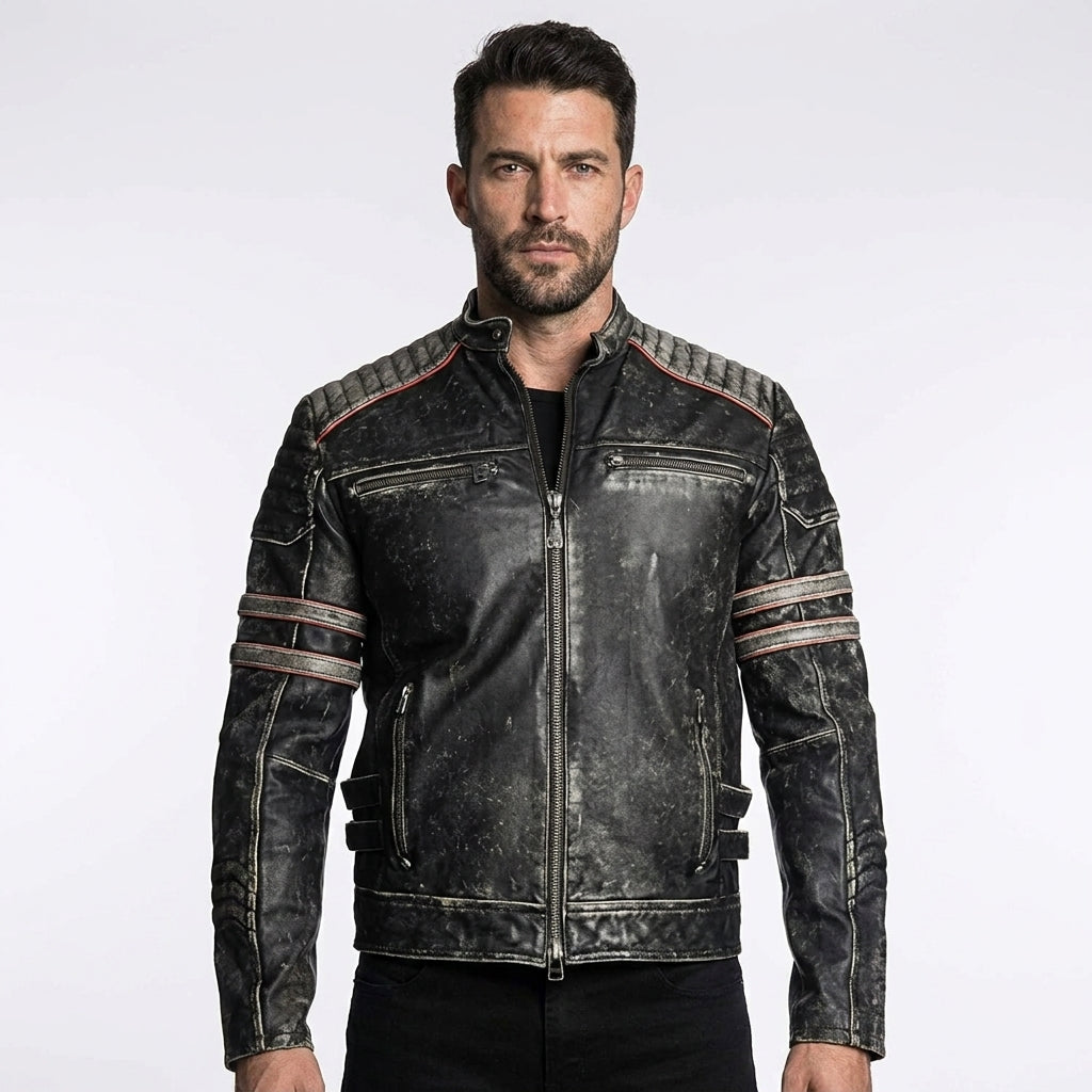 Men’s Distressed Black Cow Leather Biker Jacket – Vintage Quilted Moto Jacket
