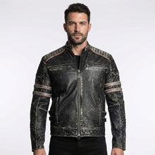 Load image into Gallery viewer, Men’s Distressed Black Cow Leather Biker Jacket – Vintage Quilted Moto Jacket

