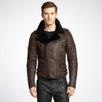 Men’s Brown Shearling Cafe Racer Leather Jacket – Vintage Aviator Biker Coat