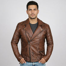 Load image into Gallery viewer, Men’s Brown Distressed Leather Motorcycle Jacket – Vintage Biker Moto Coat

