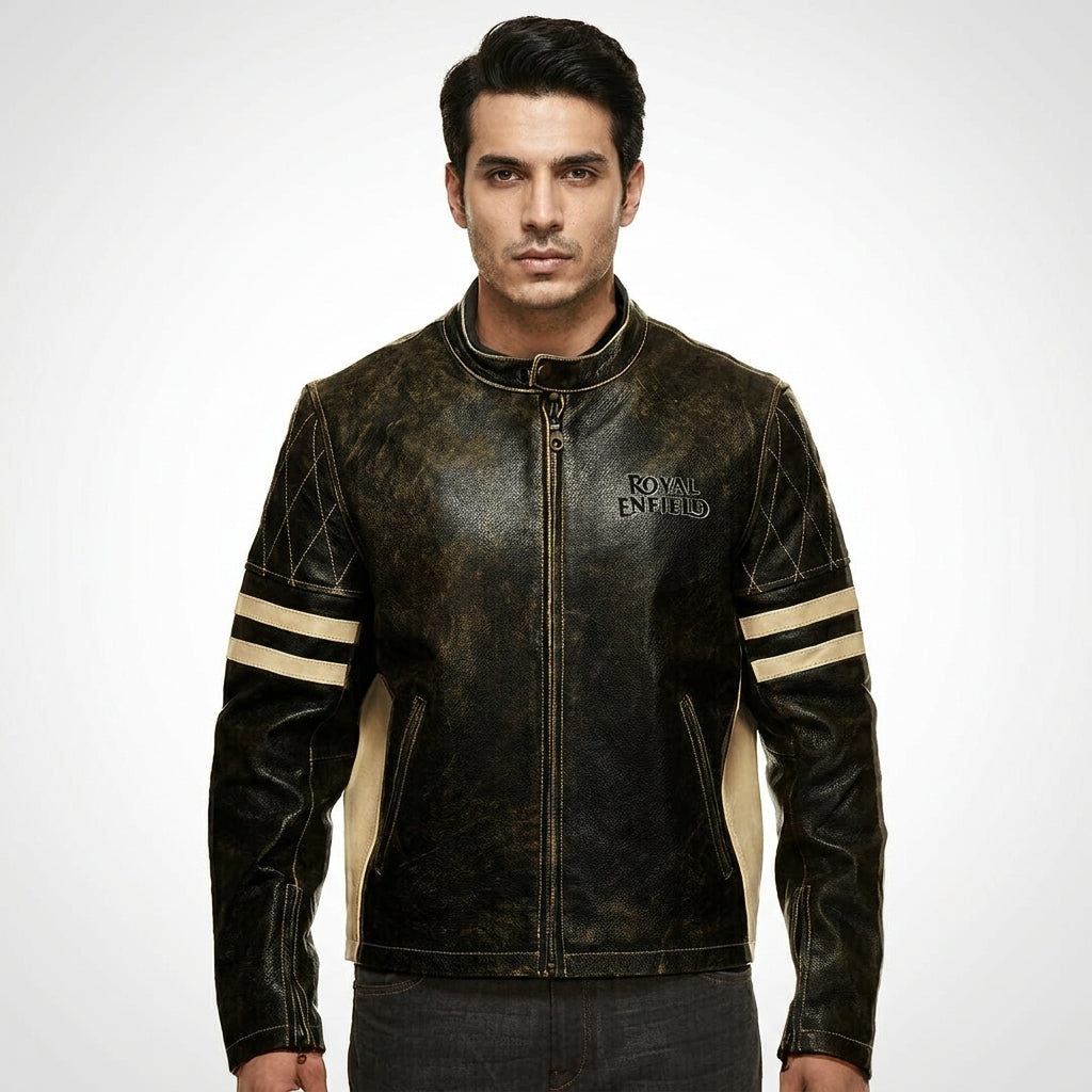 Men’s Distressed Brown Cafe Racer Leather Jacket – Royal Enfield Inspired Biker Coat
