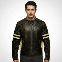 Load image into Gallery viewer, Men’s Distressed Brown Cafe Racer Leather Jacket – Royal Enfield Inspired Biker Coat
