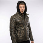 Men’s Gatsby Distressed Brown Leather Jacket – Quilted Shoulder Cafe Racer Jacket