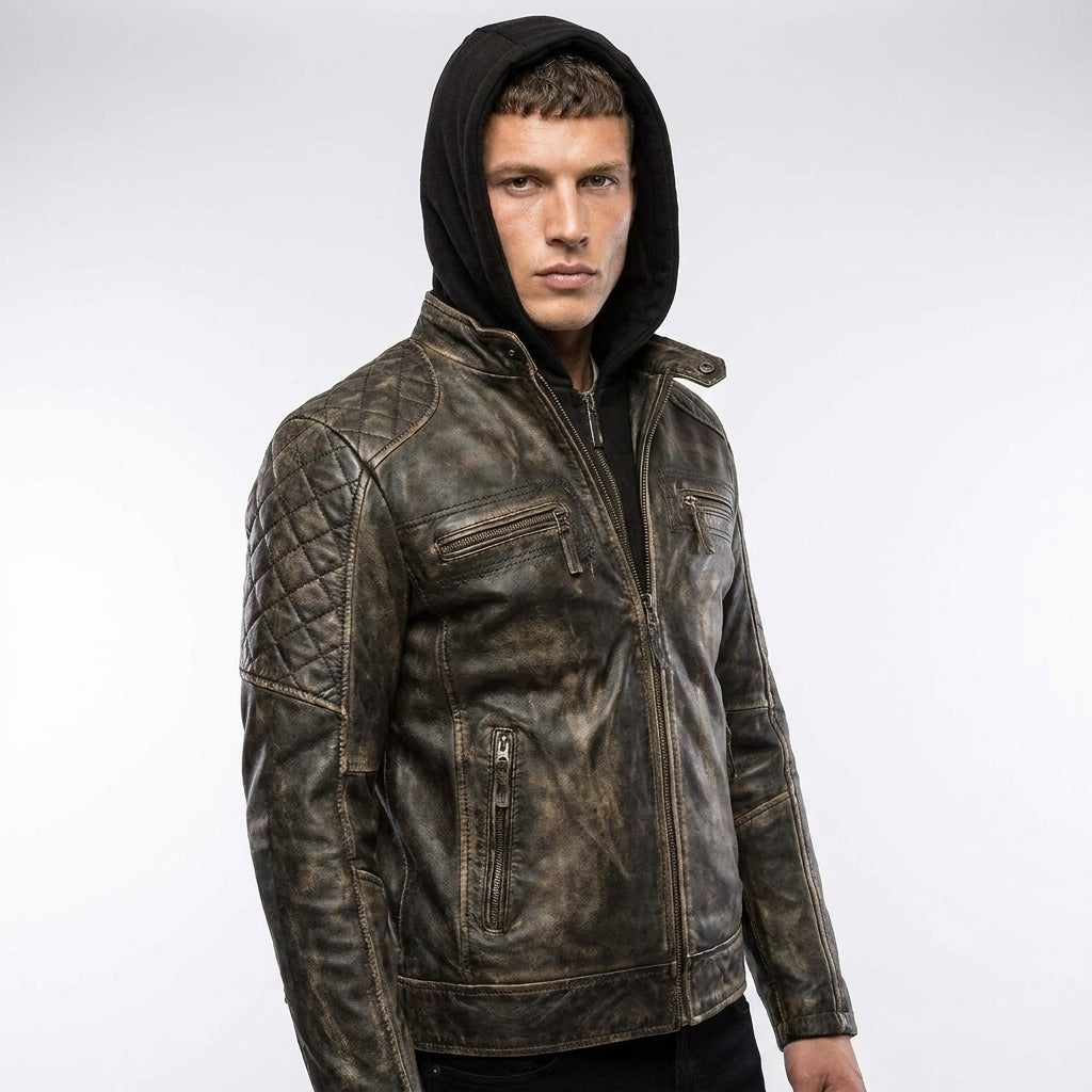 Men’s Gatsby Distressed Brown Leather Jacket – Quilted Shoulder Cafe Racer Jacket