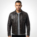 Men’s Dark Brown Leather Trucker Jacket – Contrast Stitch Snap Button Coat