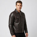 Men’s Dark Brown Leather Trucker Jacket – Contrast Stitch Snap Button Shirt Jacket