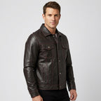 Men’s Dark Brown Leather Trucker Jacket – Contrast Stitch Snap Button Shirt Jacket