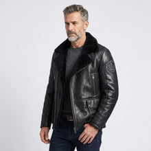 Laden Sie das Bild in den Galerie-Viewer, Men’s Black B3 Shearling Bomber Jacket – Premium Sheepskin Aviator Coat
