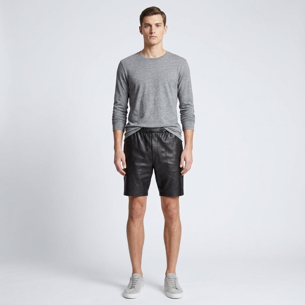 Men’s Matte Black Leather Shorts with Elastic Waistband