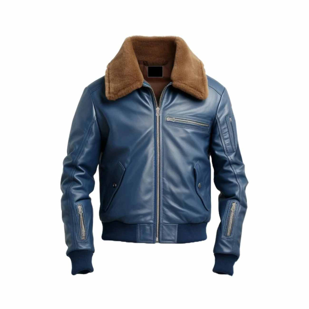 Men's Blue Flight Bomber Biker Leather Jacket Leather Outlet