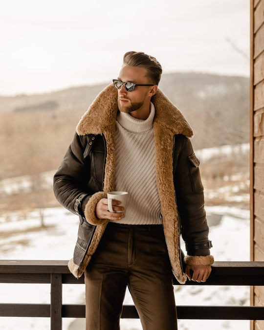 Men’s Brown B3 Flying Aviator Shearling Leather Jacket