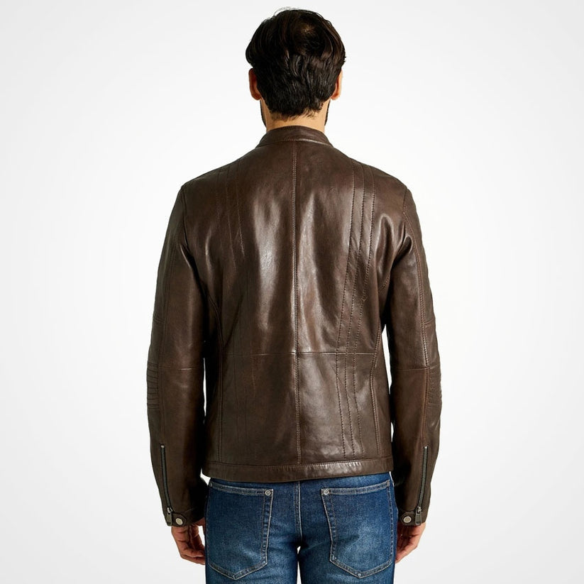 Men's Brown Leather Jacket - Slim Fit, Biker Style