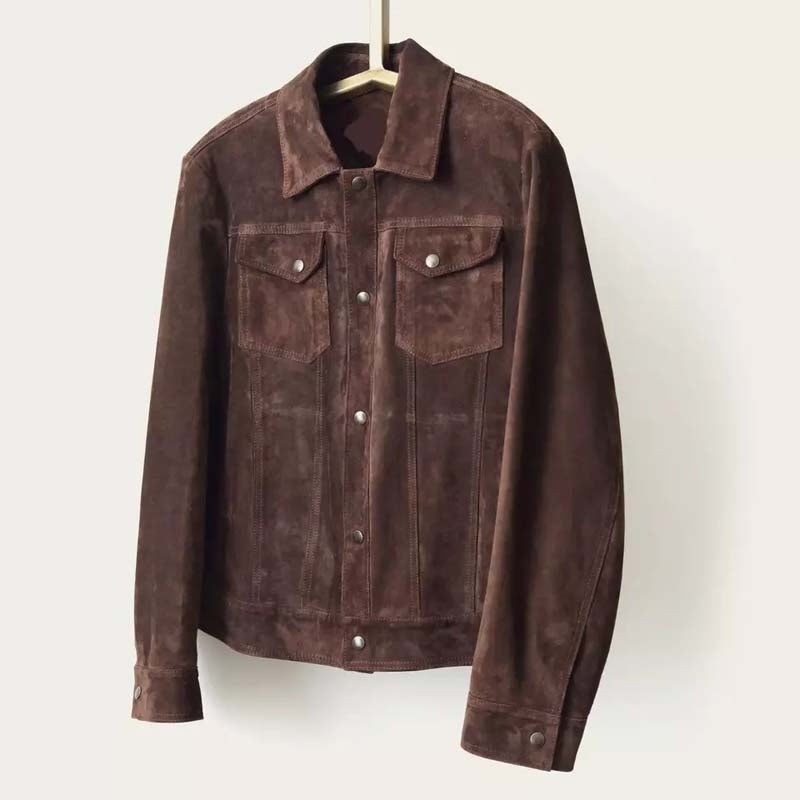 Custom Brown Suede Leather Trucker Jacket for Men
