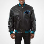 Men’s Carolina Panthers Black Leather Jacket – Classic NFL Fan Gear